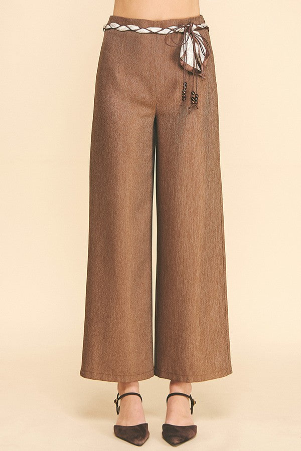 Cationic Faux Denim Paisley Scarf Tie Long Culotte Pants