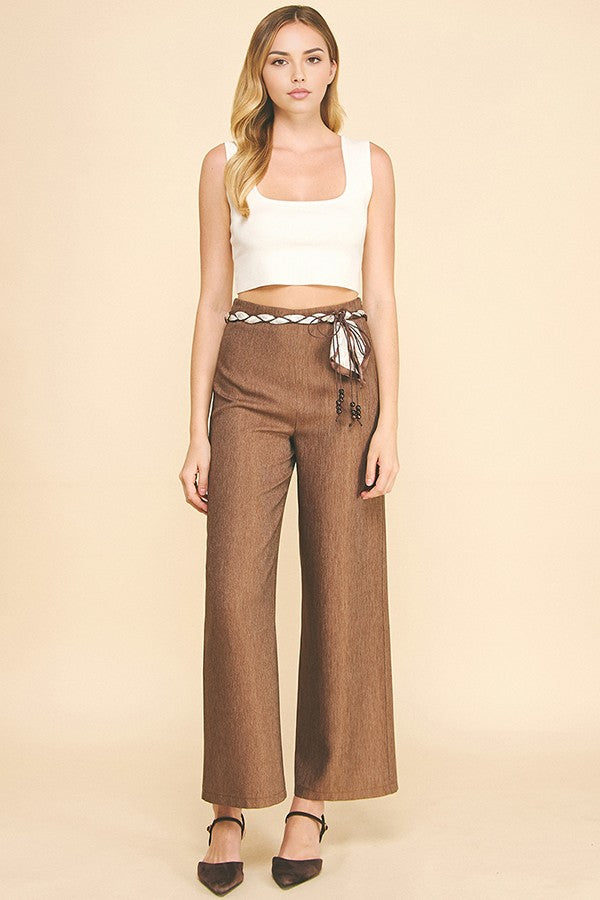 Cationic Faux Denim Paisley Scarf Tie Long Culotte Pants