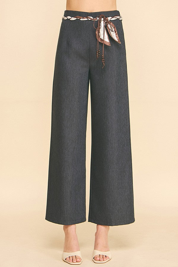 Cationic Faux Denim Paisley Scarf Tie Long Culotte Pants