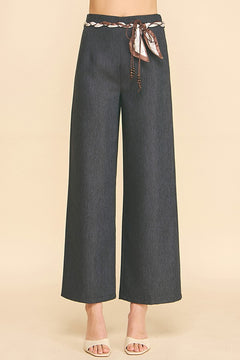 Cationic Faux Denim Paisley Scarf Tie Long Culotte Pants