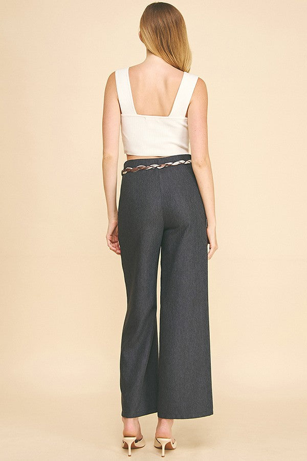 Cationic Faux Denim Paisley Scarf Tie Long Culotte Pants