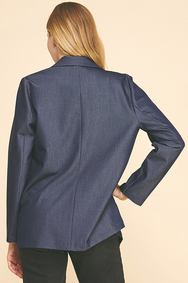 Faux Denim Oversized Open Front Buttonless Blazer Jacket