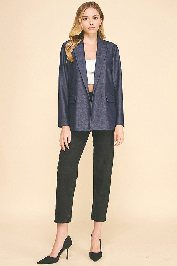 Faux Denim Oversized Open Front Buttonless Blazer Jacket