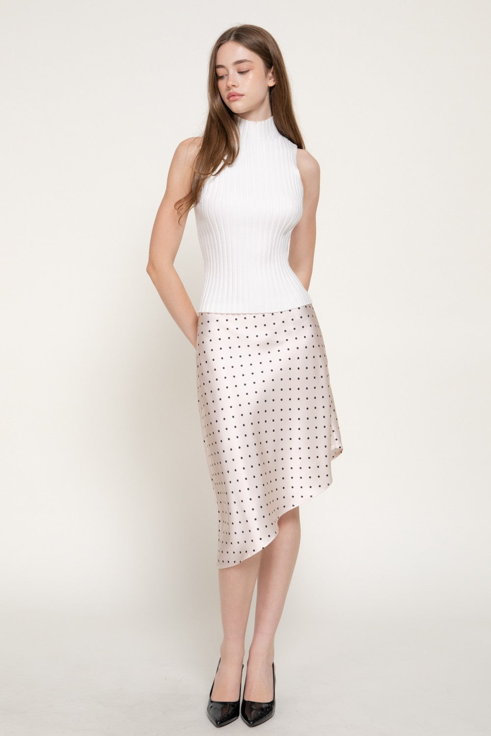 Dot Print Asymmetrical Satin Skirt