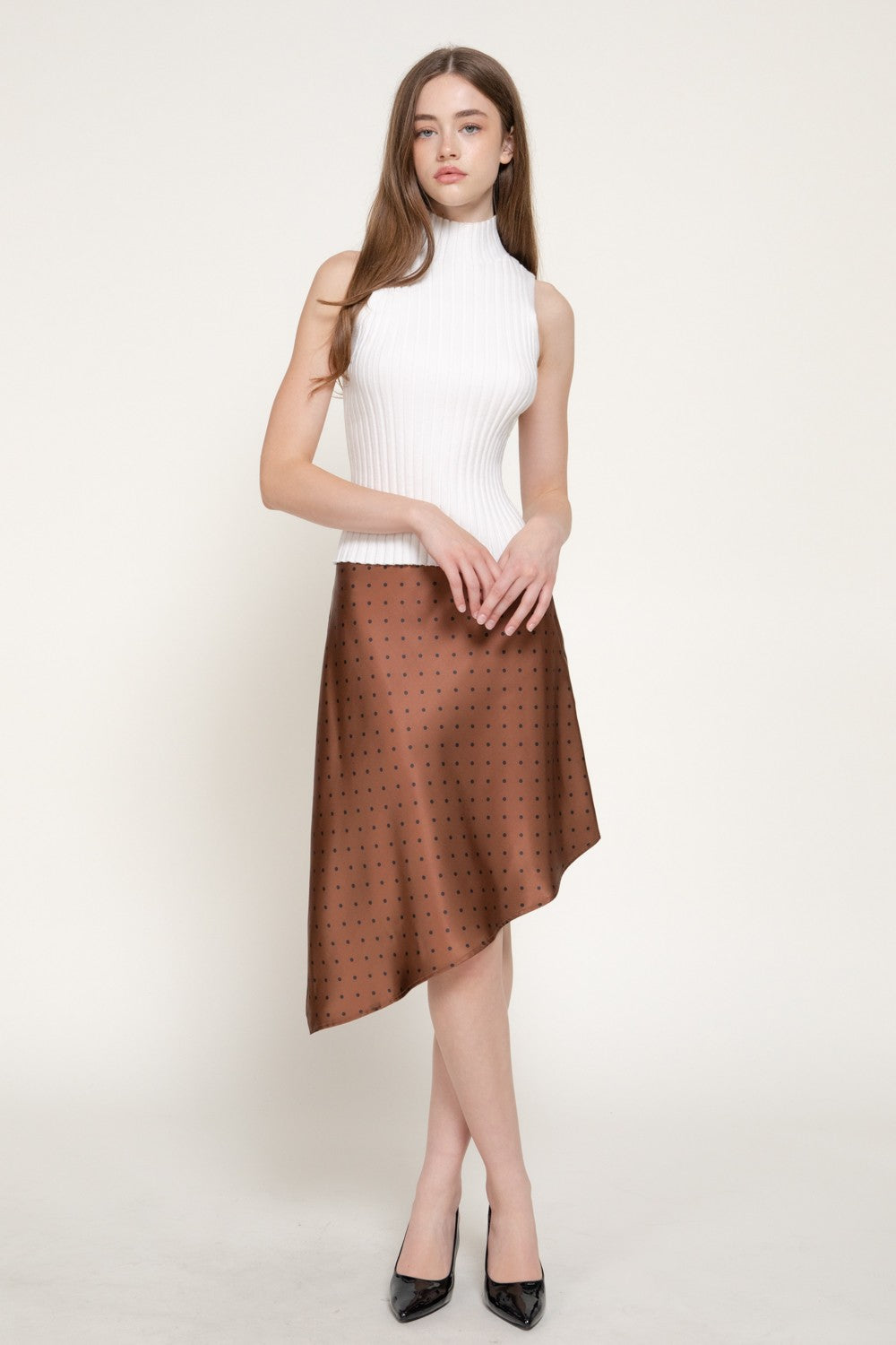 Dot Print Asymmetrical Satin Skirt