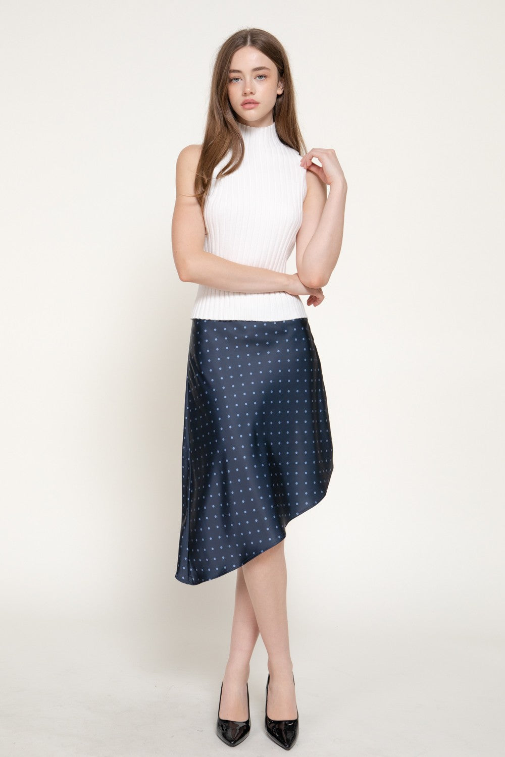 Dot Print Asymmetrical Satin Skirt