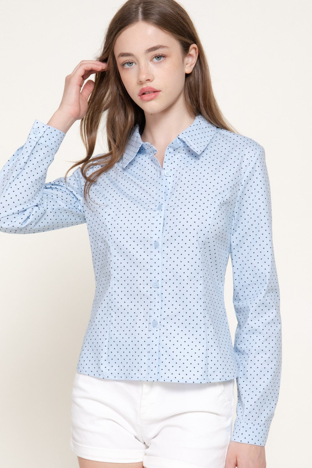 Long Sleeve Fitted Dot Poplin Shirt