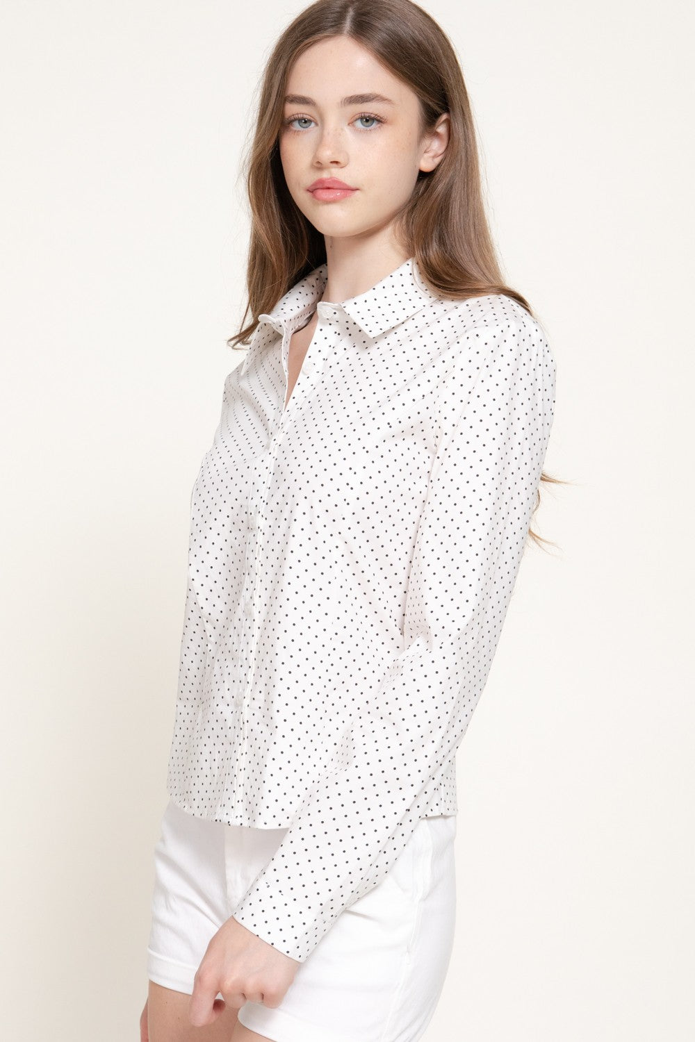 Long Sleeve Fitted Dot Poplin Shirt