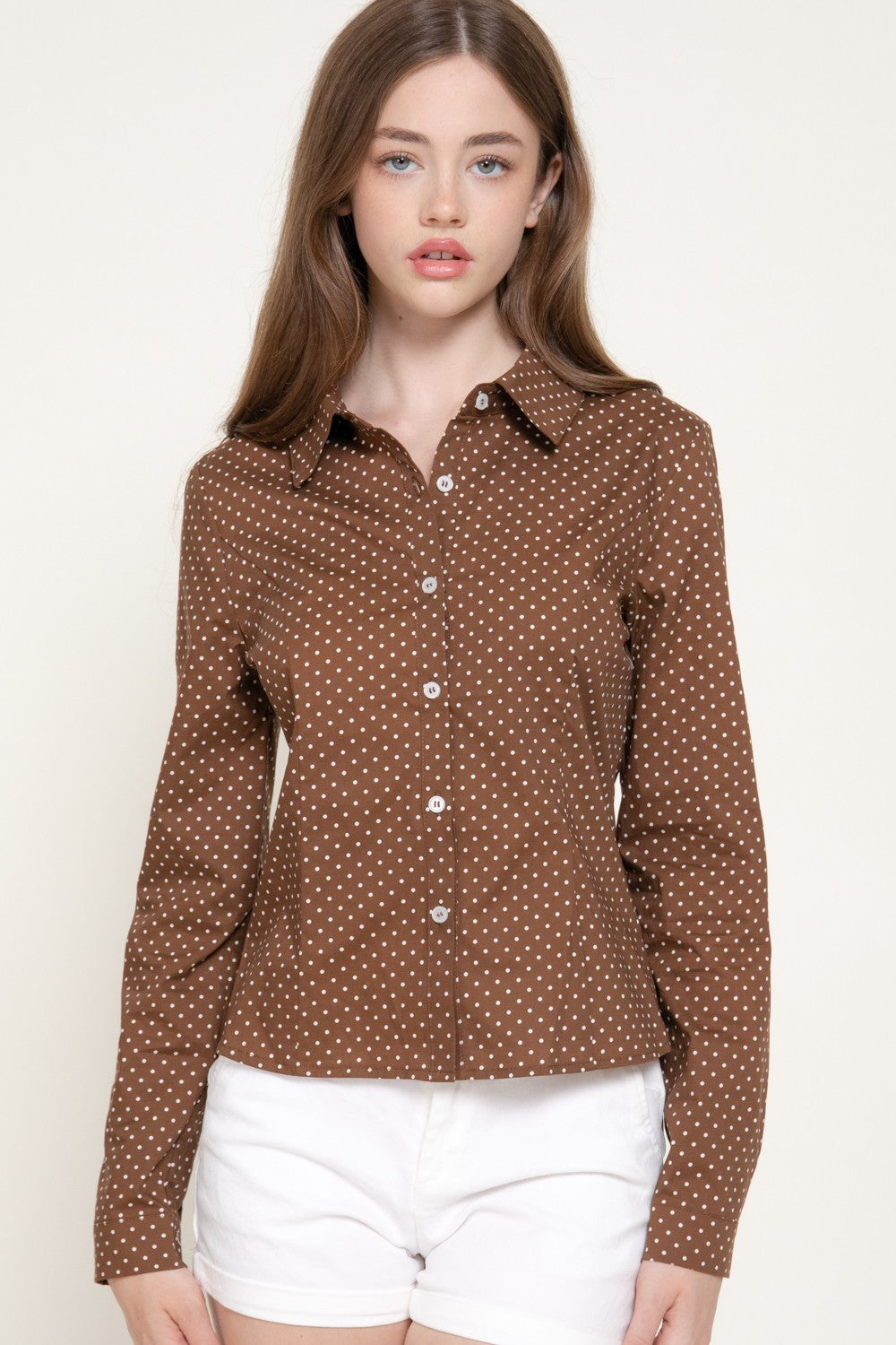 Long Sleeve Fitted Dot Poplin Shirt