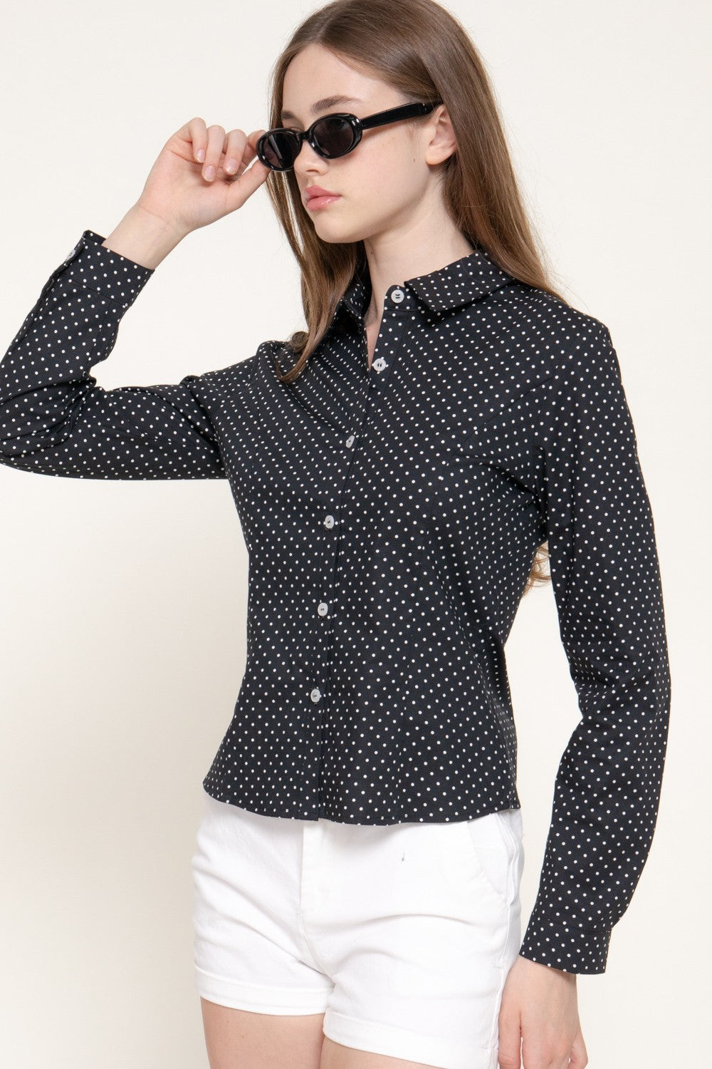Long Sleeve Fitted Dot Poplin Shirt