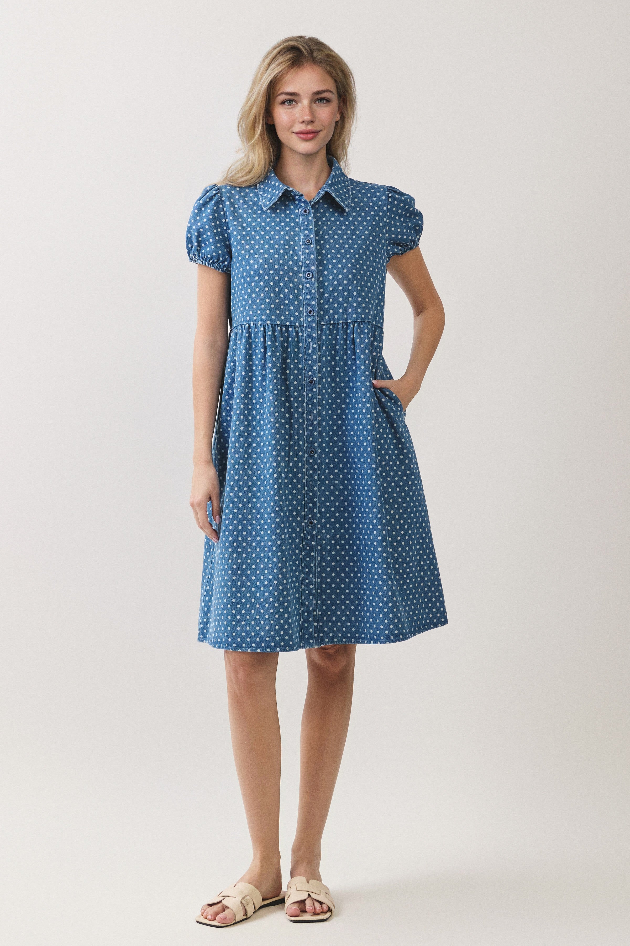 Plus Size Polka Dot Button Down Denim Dress