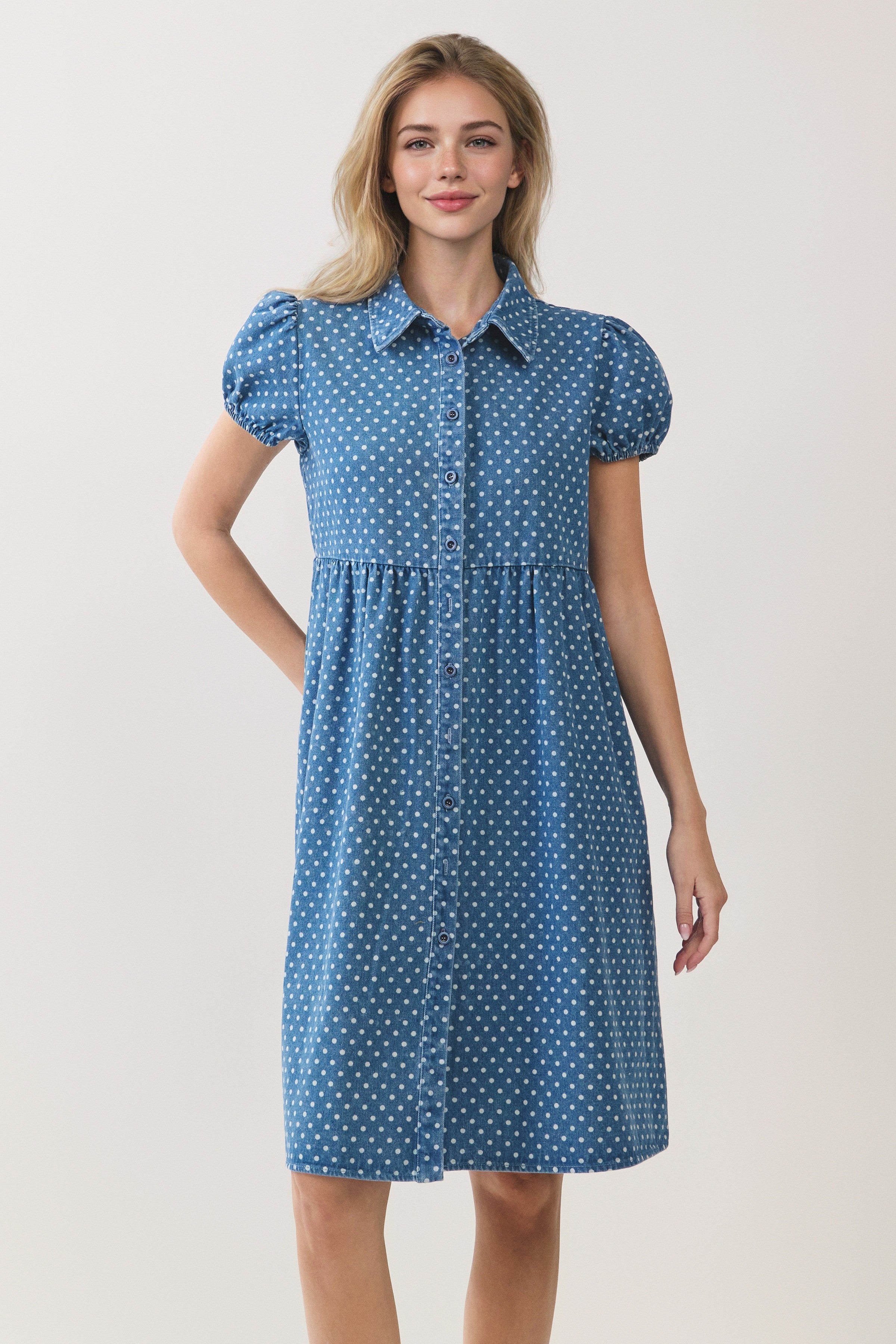 Plus Size Polka Dot Button Down Denim Dress