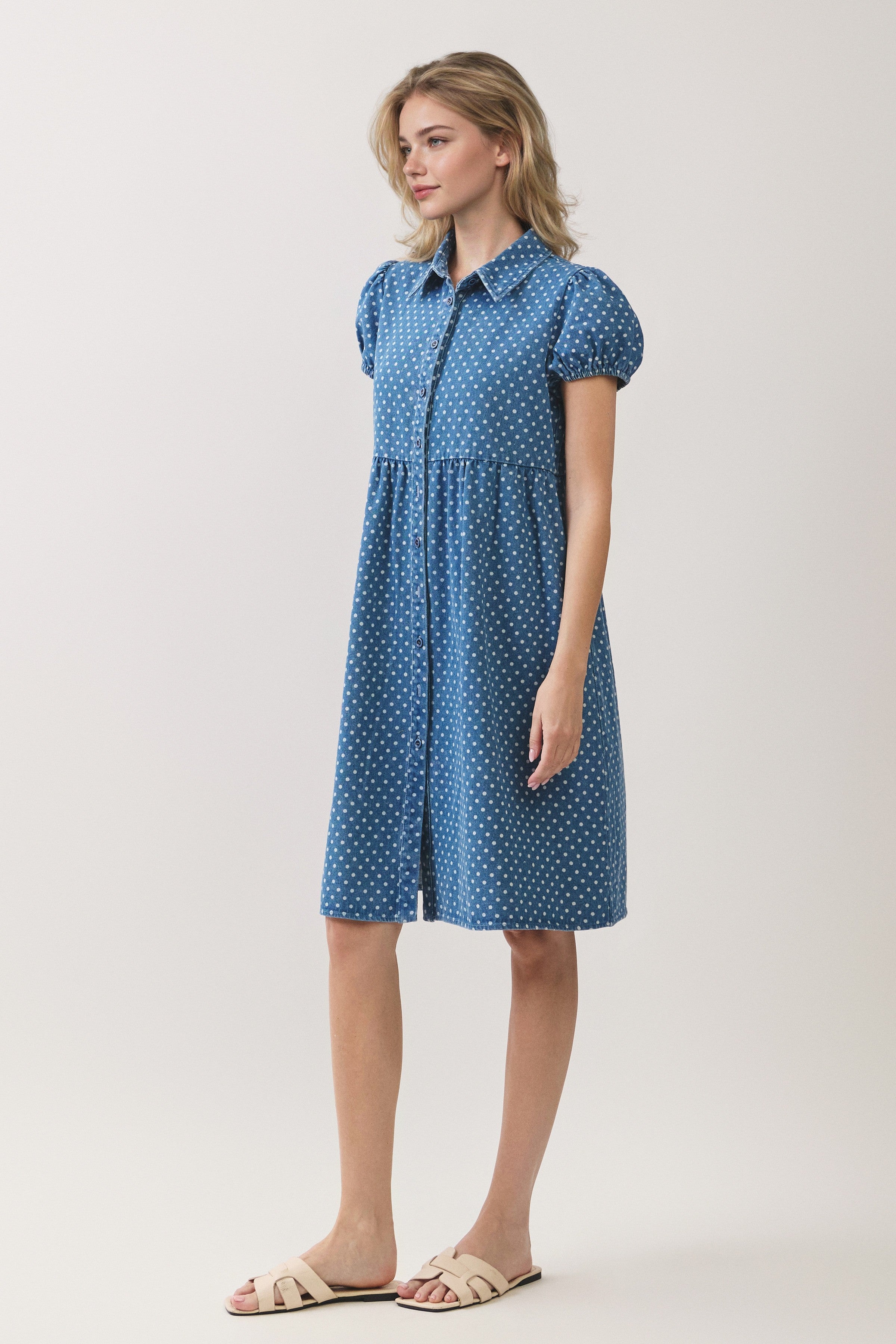 Plus Size Polka Dot Button Down Denim Dress