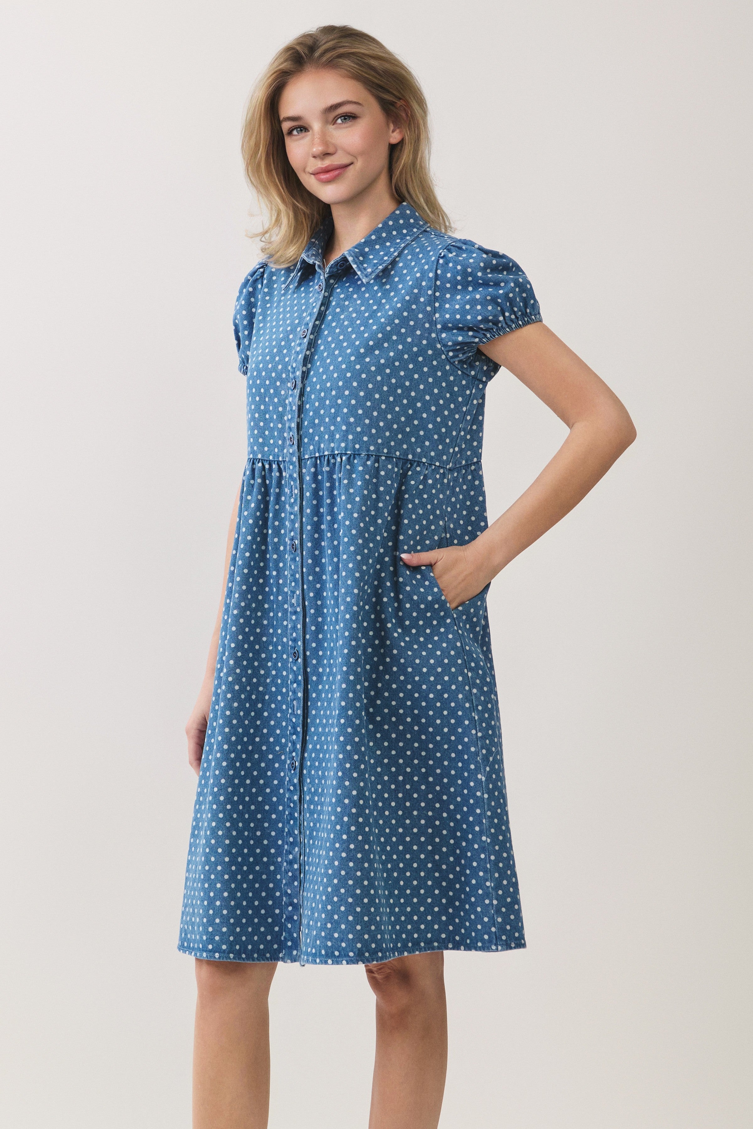 Plus Size Polka Dot Button Down Denim Dress