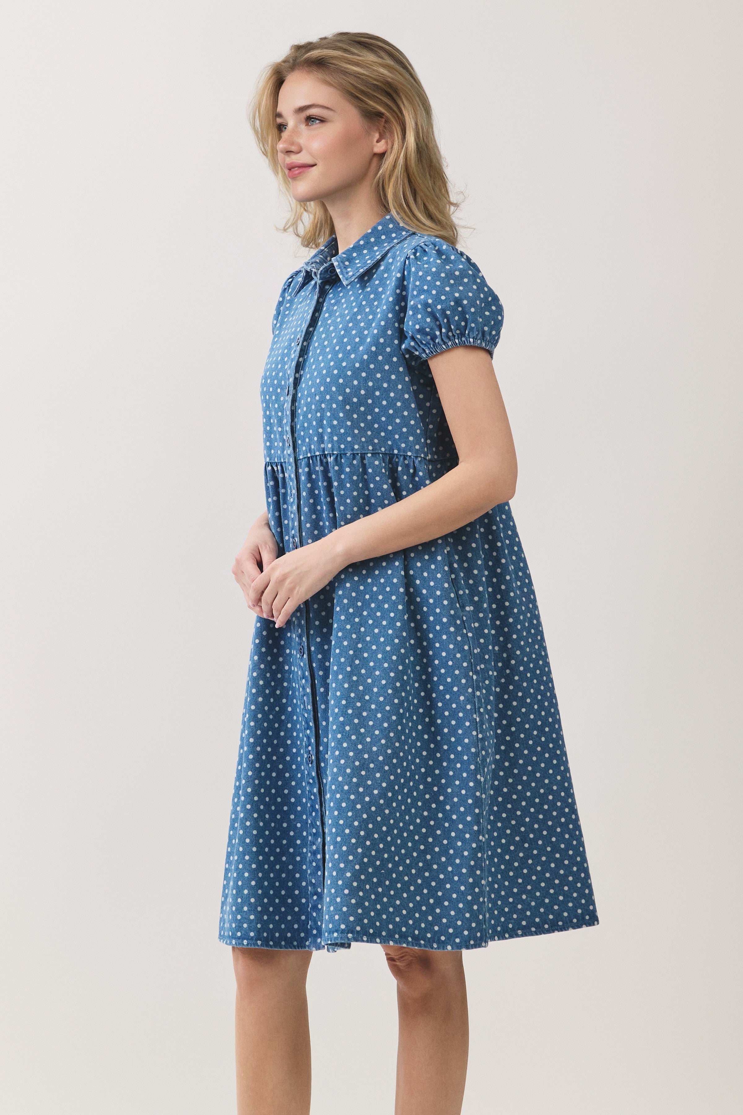 Plus Size Polka Dot Button Down Denim Dress