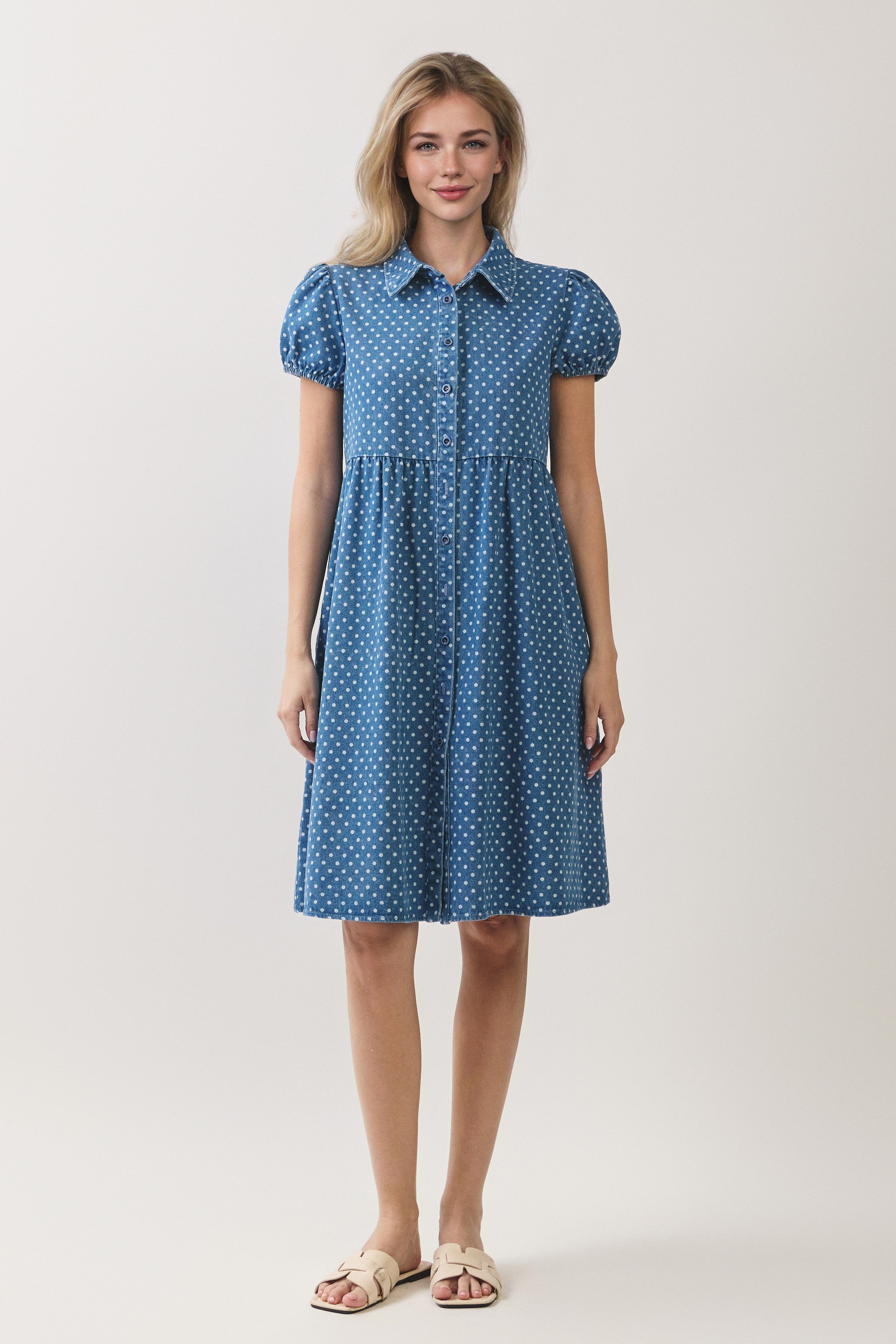 Plus Size Polka Dot Button Down Denim Dress