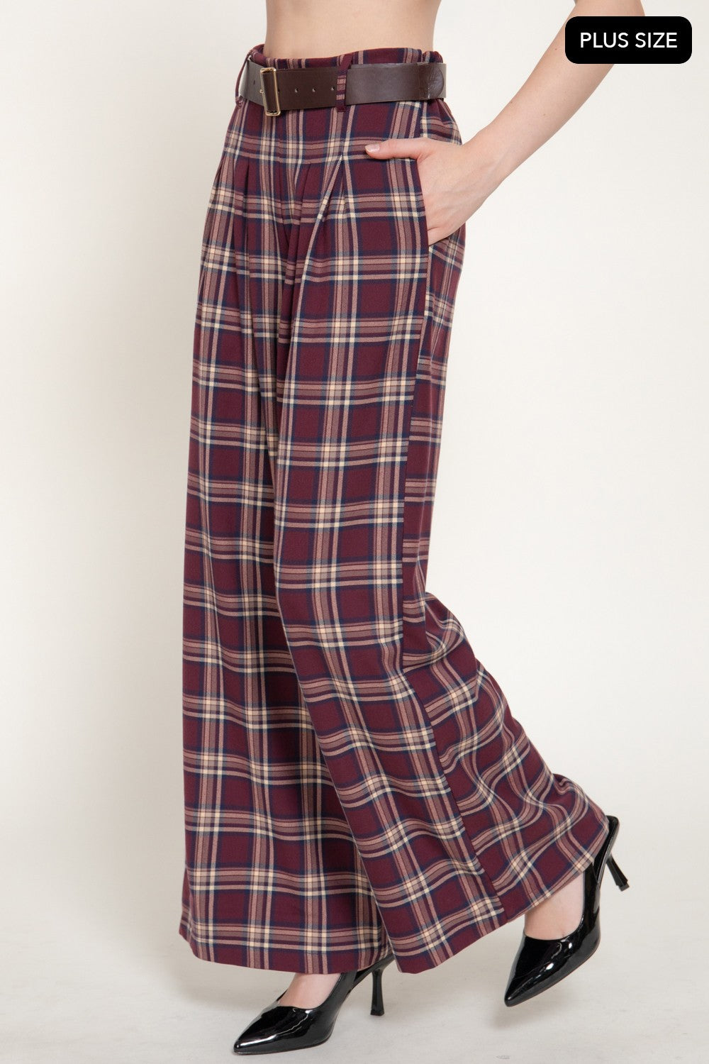 Pleats Belted Plaid Wide Long Pants