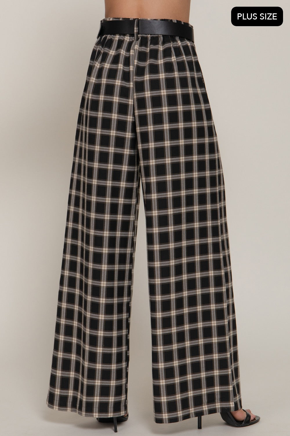 Pleats Belted Plaid Wide Long Pants