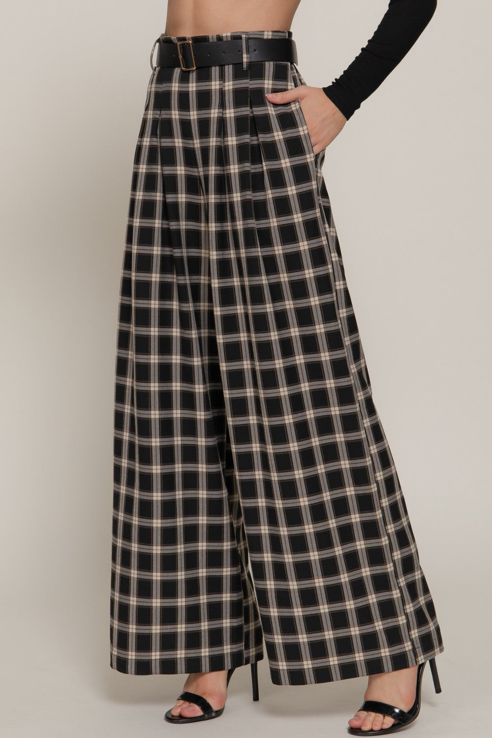 Pleats Belted Plaid Wide Long Pants