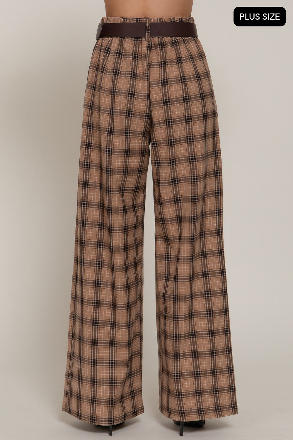 Pleats Belted Plaid Wide Long Pants