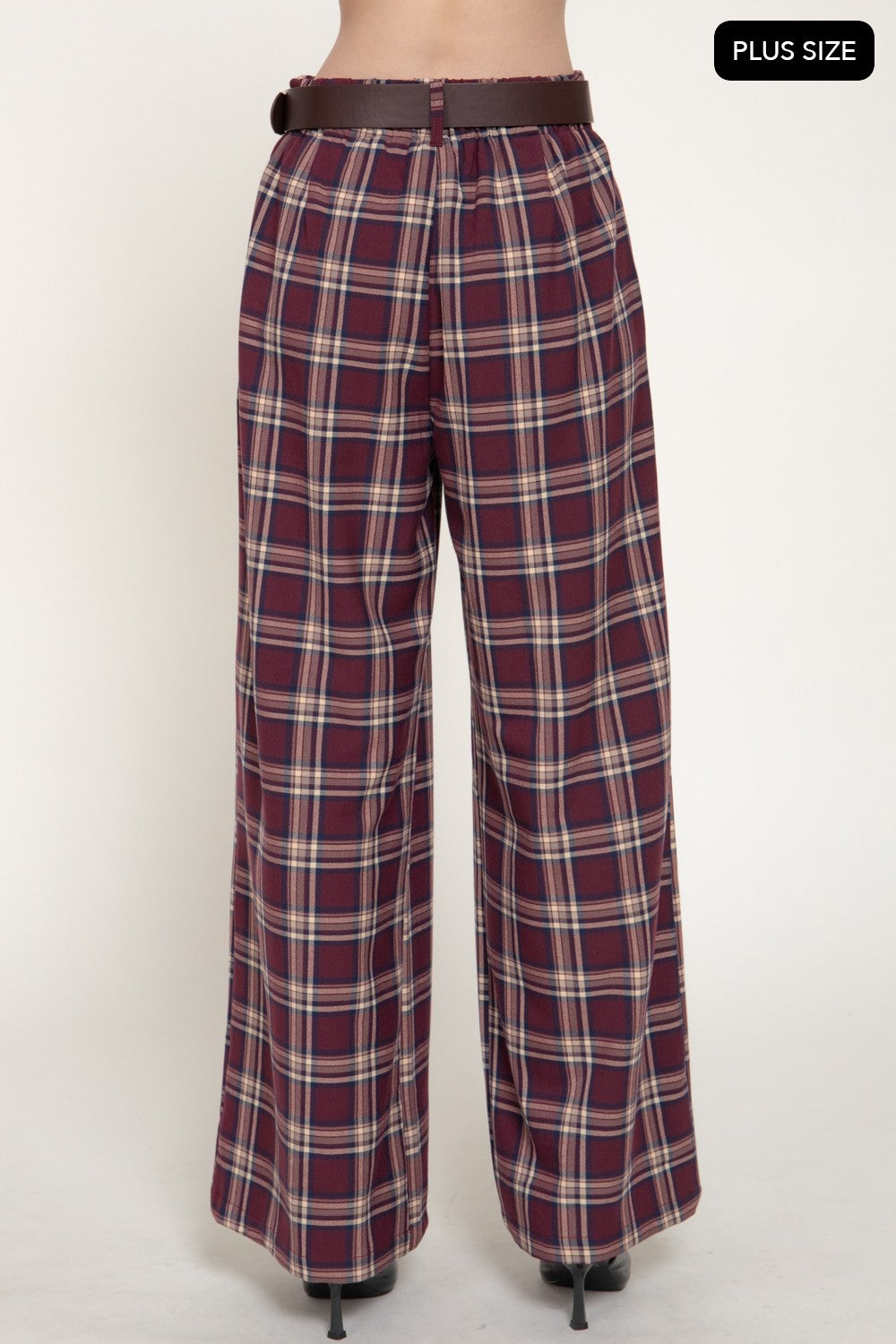 Pleats Belted Plaid Wide Long Pants