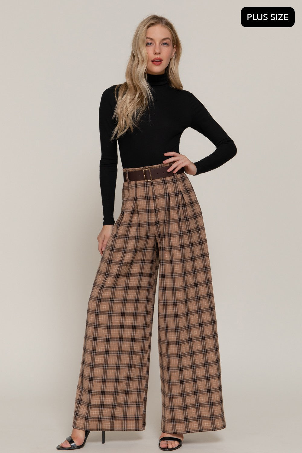 Pleats Belted Plaid Wide Long Pants