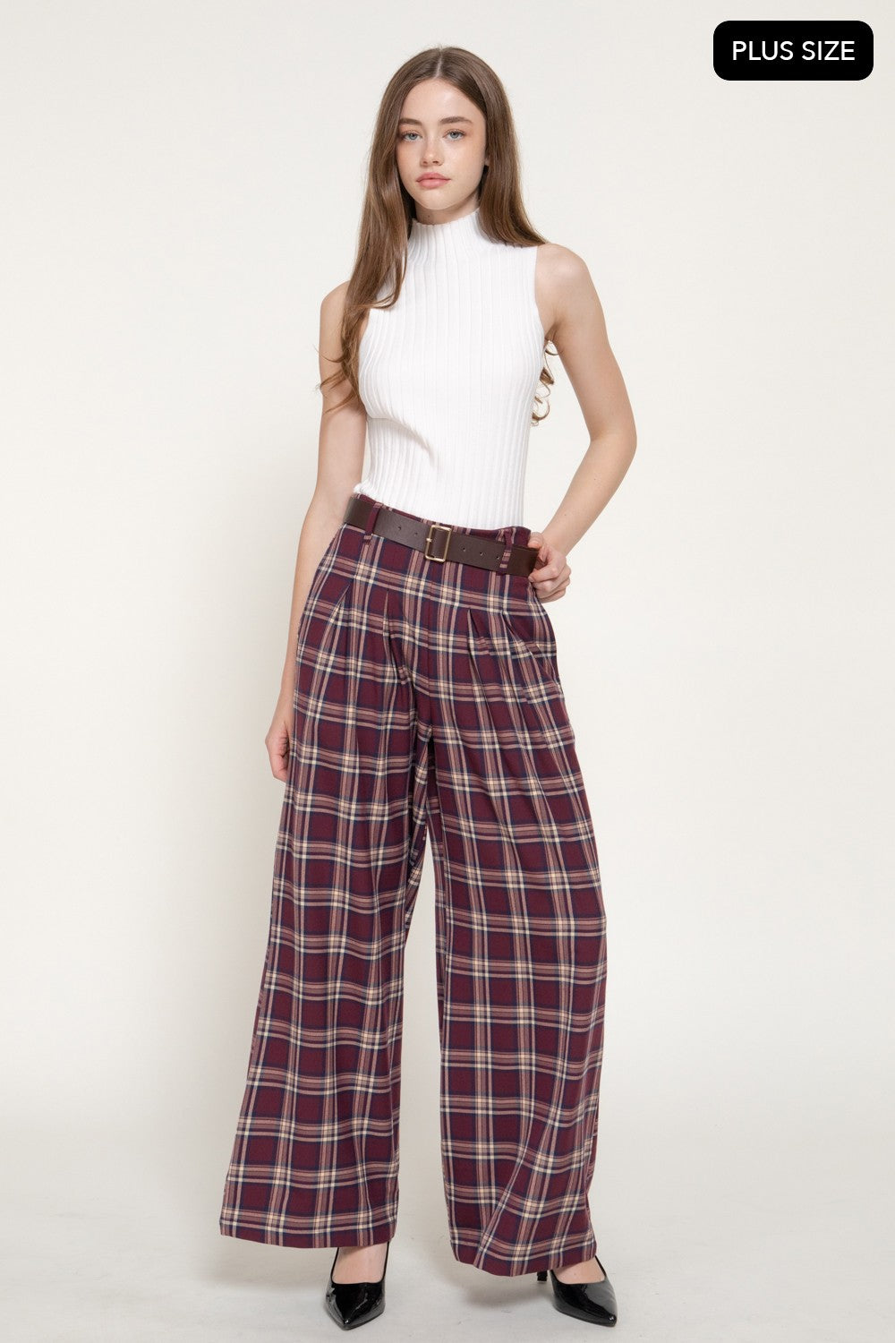 Pleats Belted Plaid Wide Long Pants