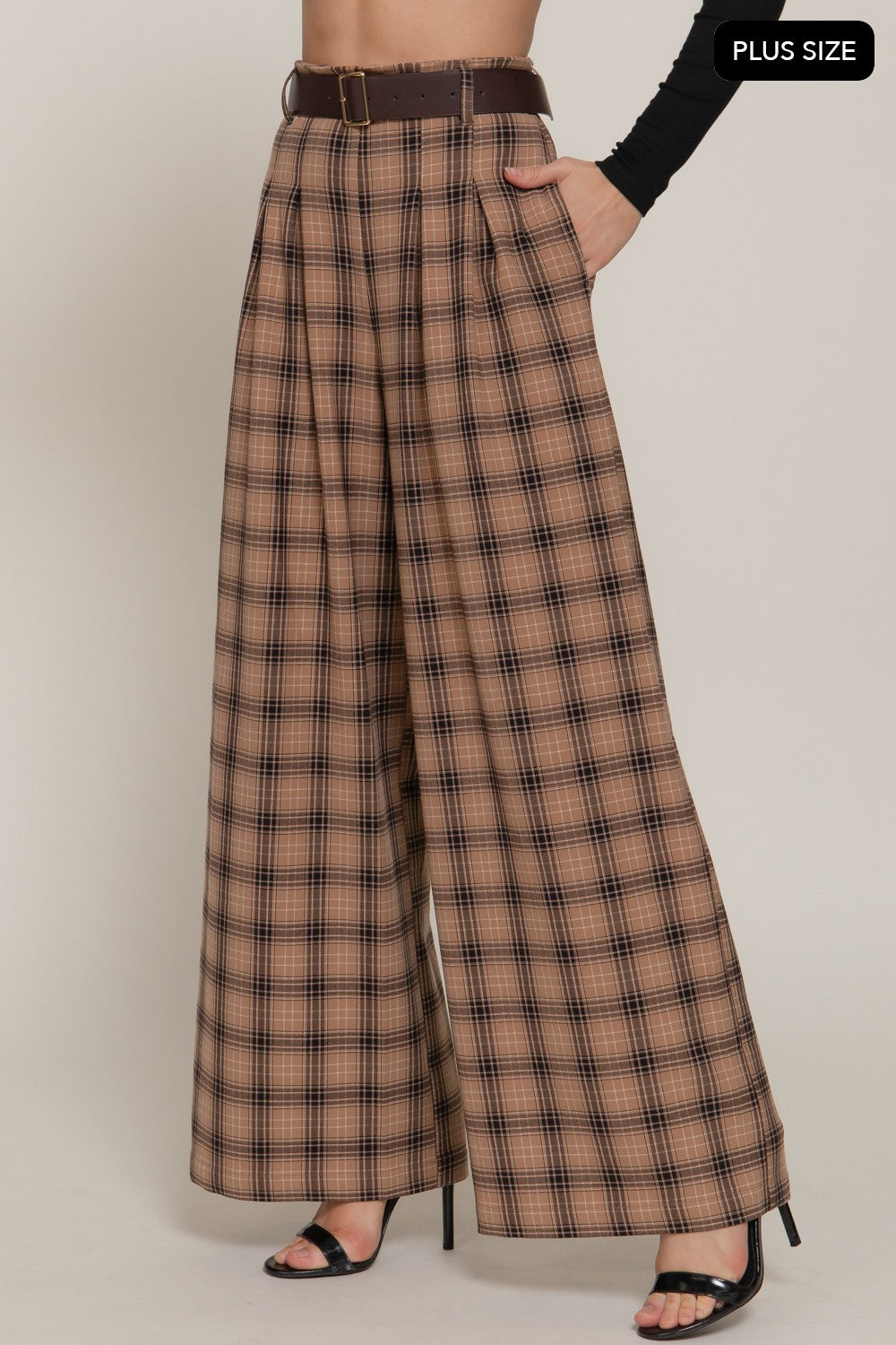 Pleats Belted Plaid Wide Long Pants