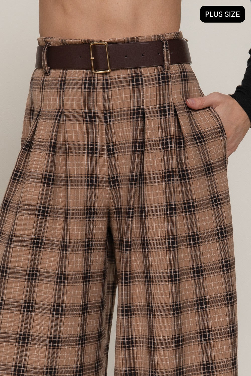Pleats Belted Plaid Wide Long Pants