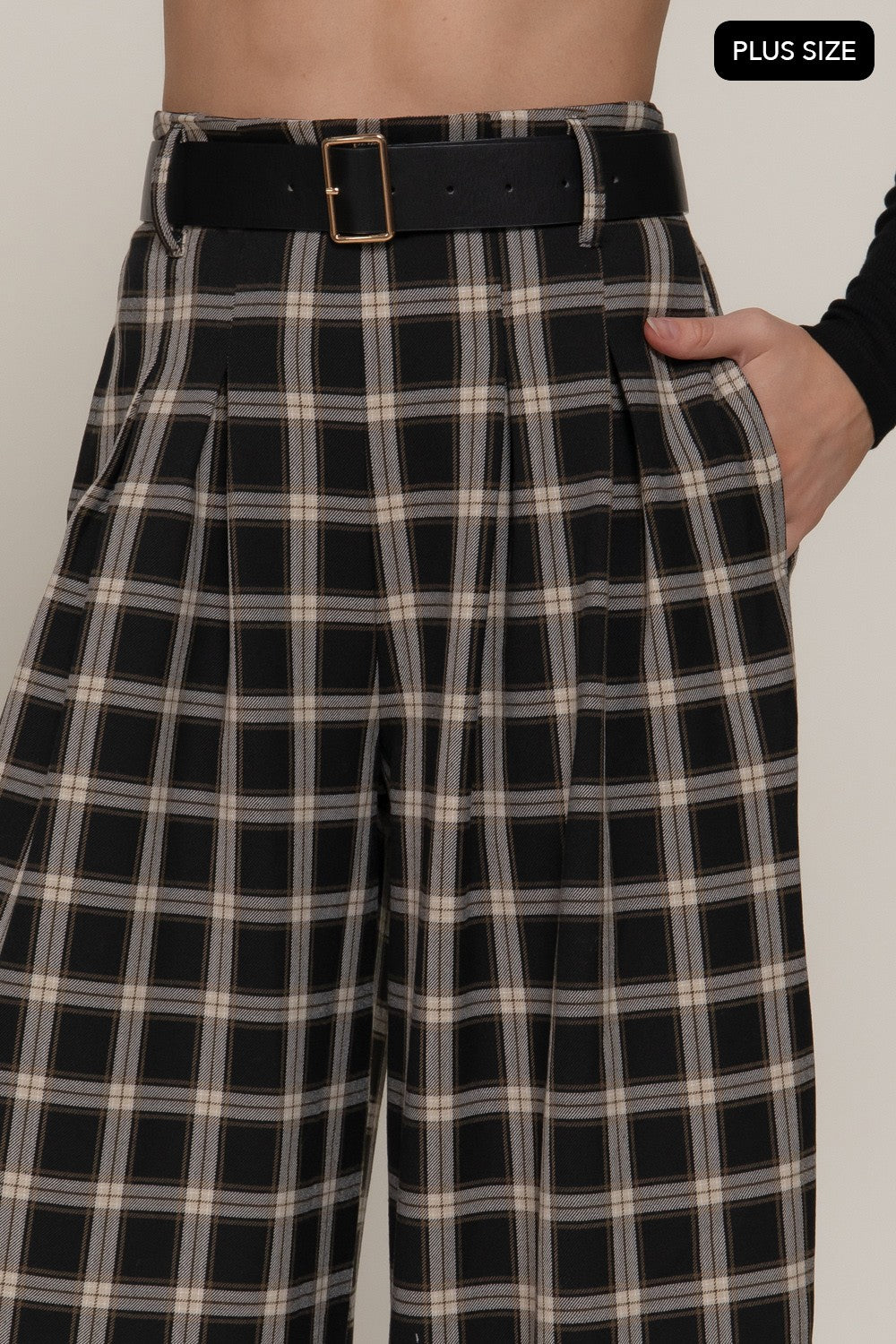 Pleats Belted Plaid Wide Long Pants
