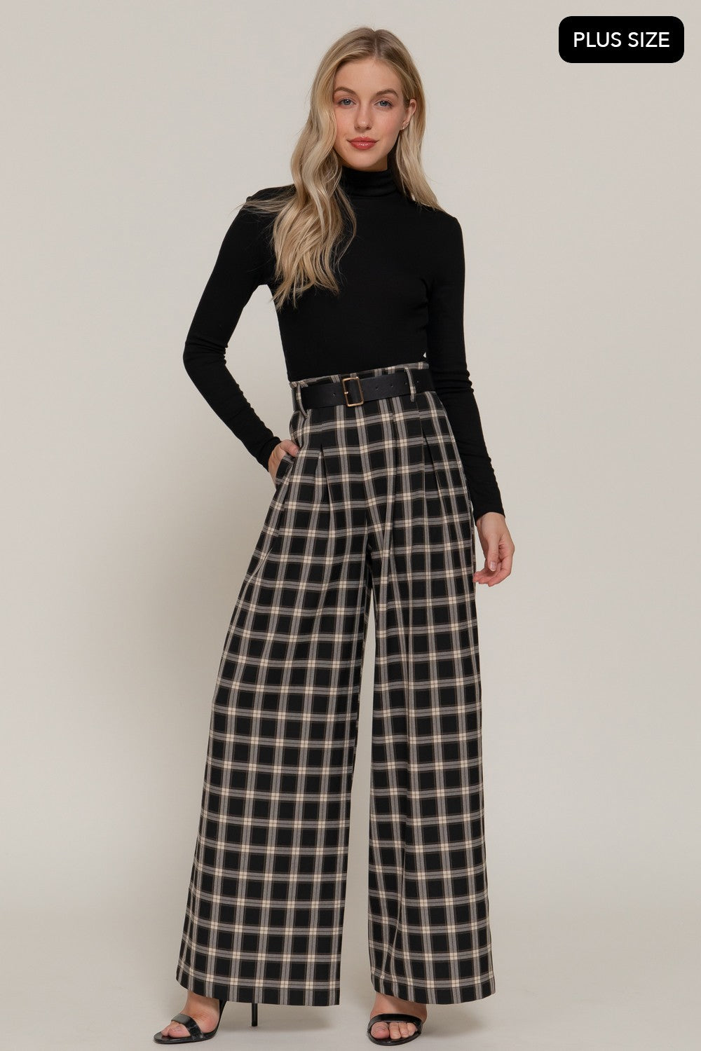 Pleats Belted Plaid Wide Long Pants