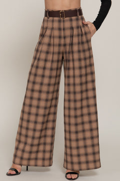 Pleats Belted Plaid Wide Long Pants