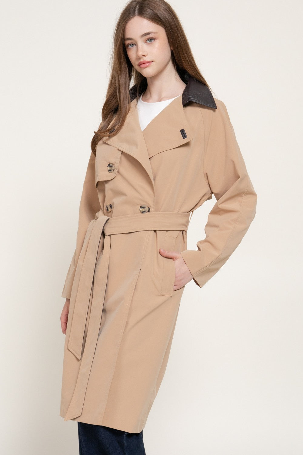 Long Sleeve Trench Coat with Pu Collar & Belt