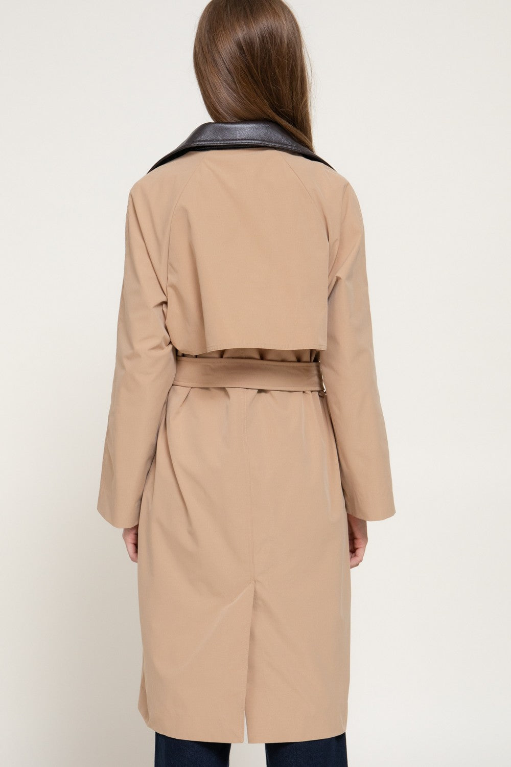 Long Sleeve Trench Coat with Pu Collar & Belt