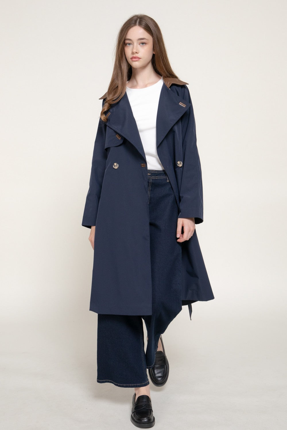 Long Sleeve Trench Coat with Pu Collar & Belt