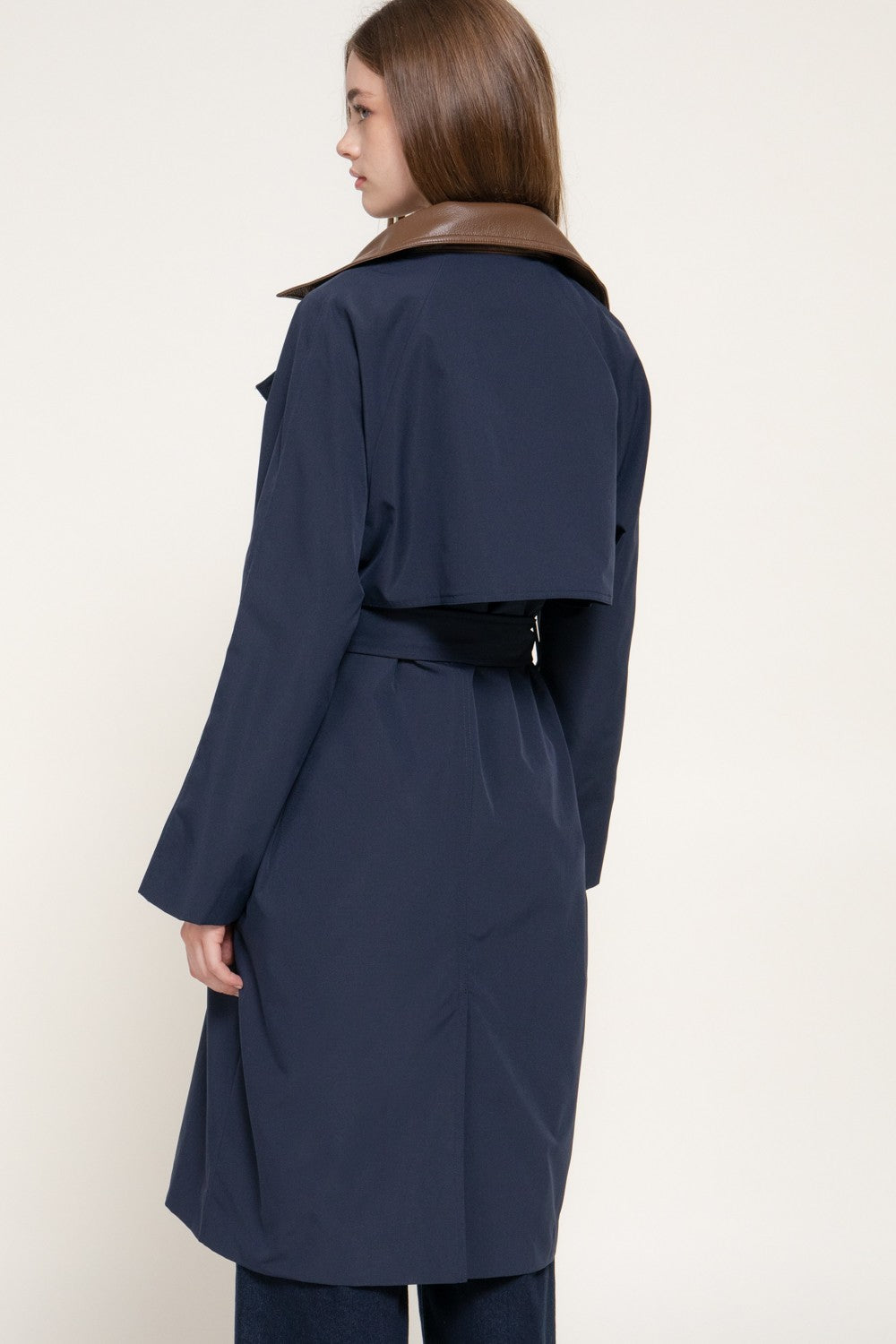 Long Sleeve Trench Coat with Pu Collar & Belt