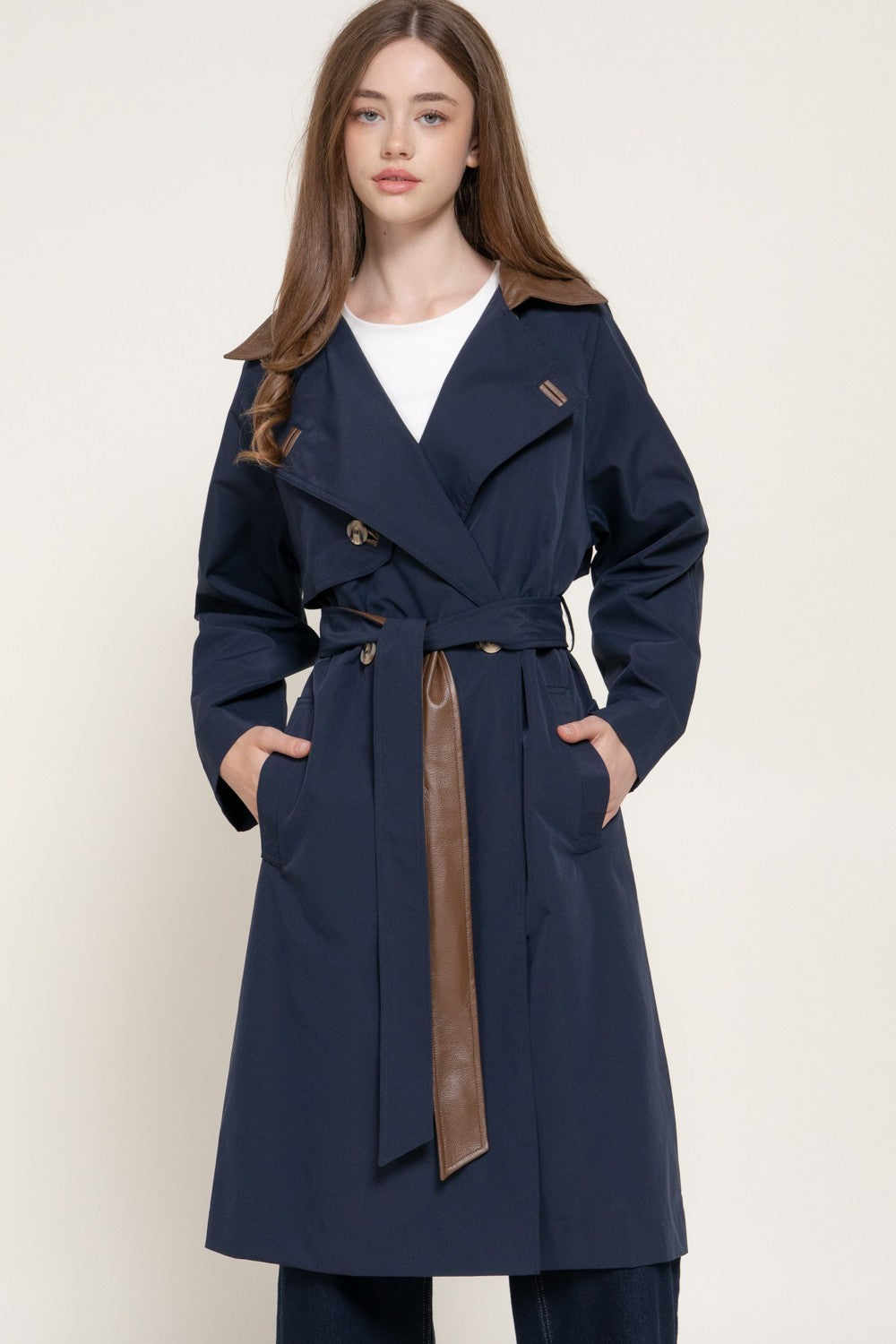 Long Sleeve Trench Coat with Pu Collar & Belt