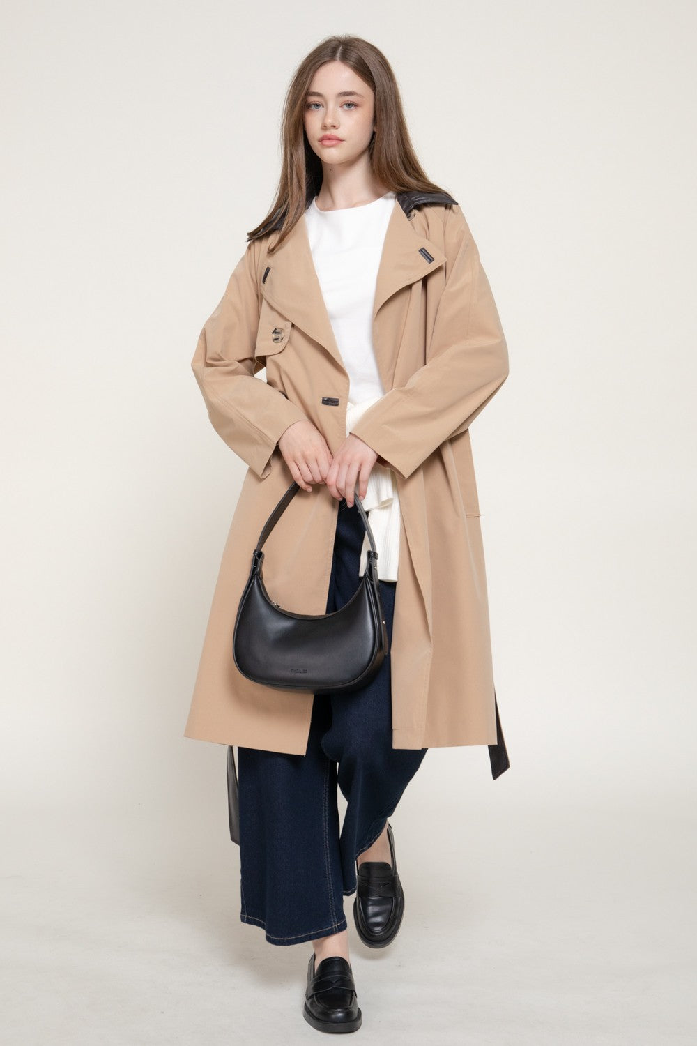 Long Sleeve Trench Coat with Pu Collar & Belt