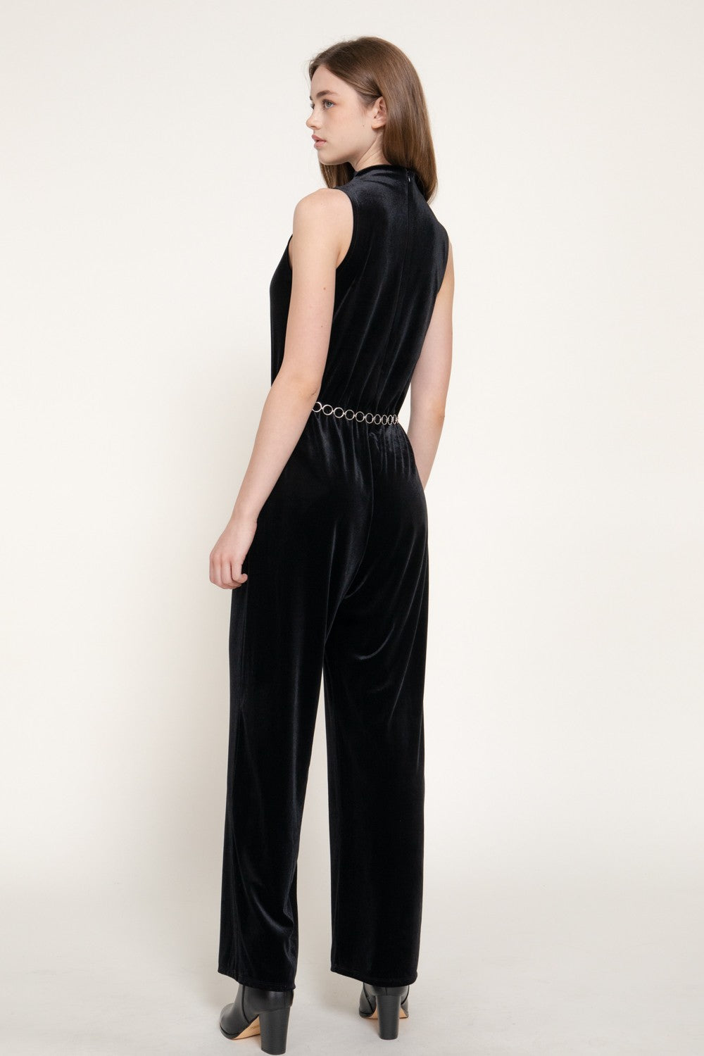Sleeveless High Neck Chain Belted Velvet Jumpsuit