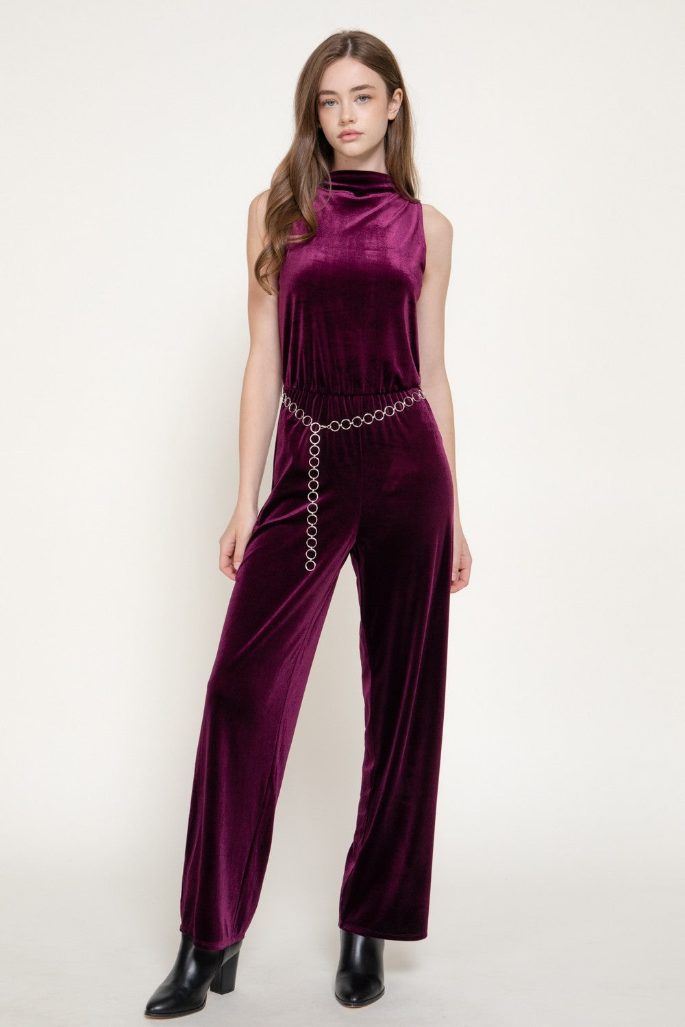 Sleeveless High Neck Chain Belted Velvet Jumpsuit