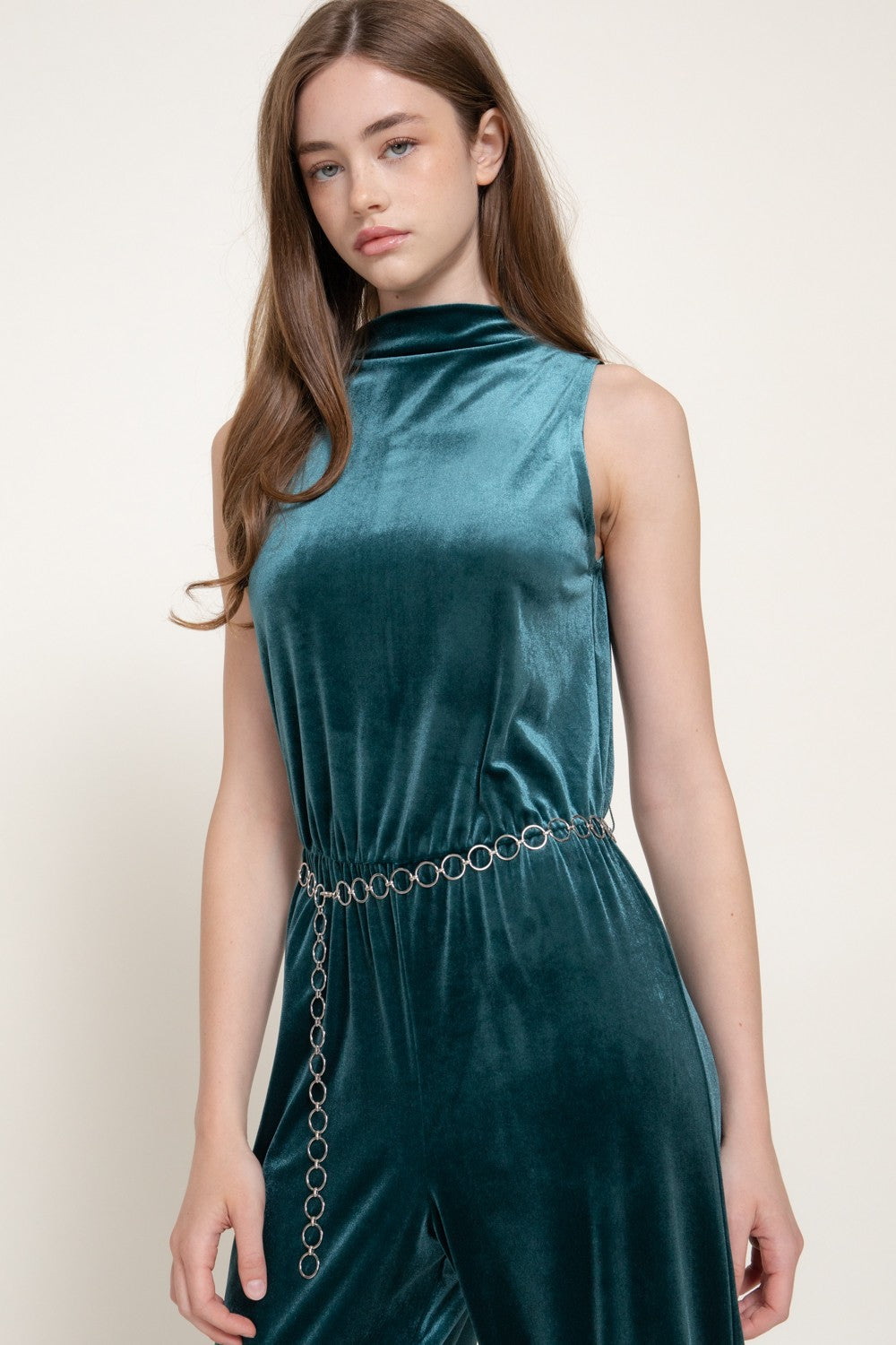 Sleeveless High Neck Chain Belted Velvet Jumpsuit