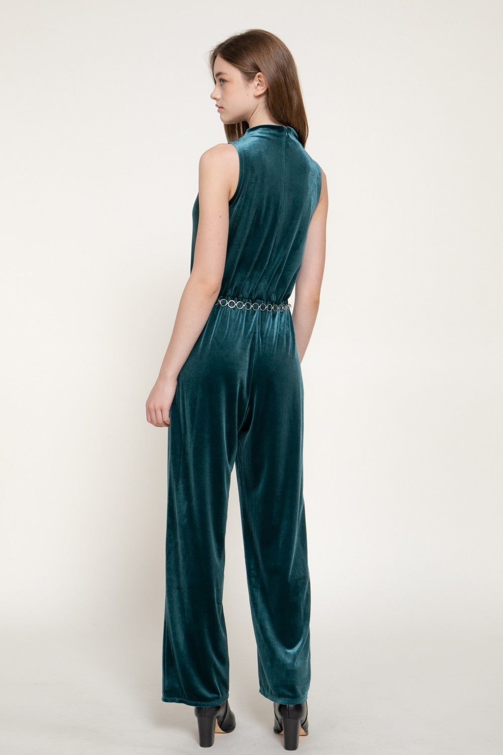 Sleeveless High Neck Chain Belted Velvet Jumpsuit