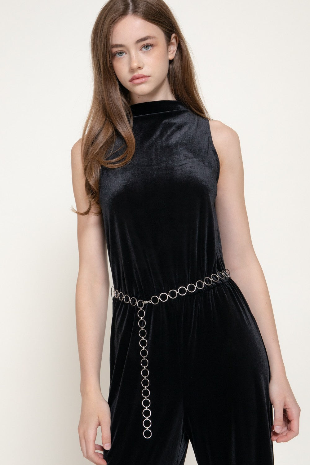 Sleeveless High Neck Chain Belted Velvet Jumpsuit