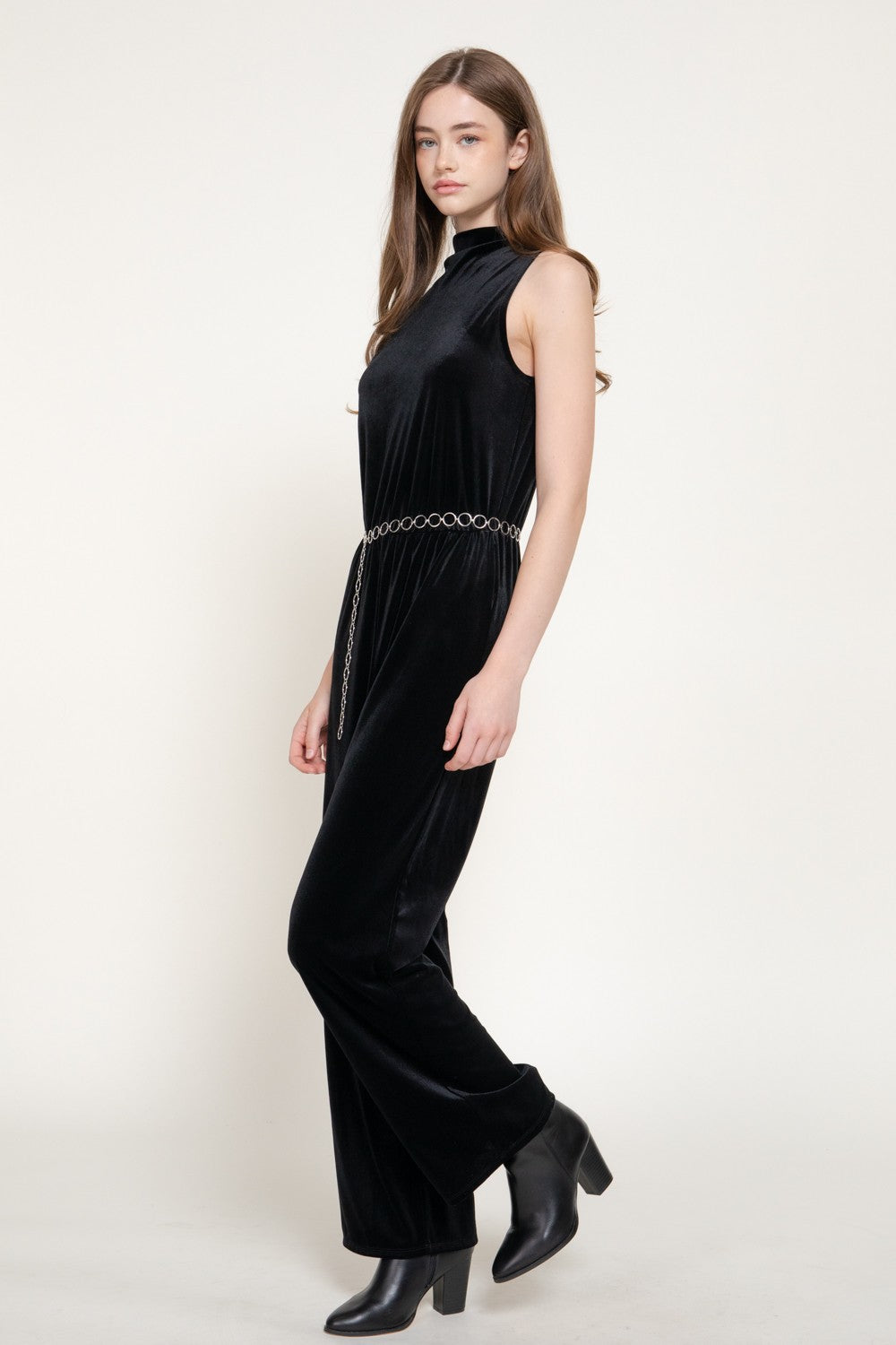 Sleeveless High Neck Chain Belted Velvet Jumpsuit