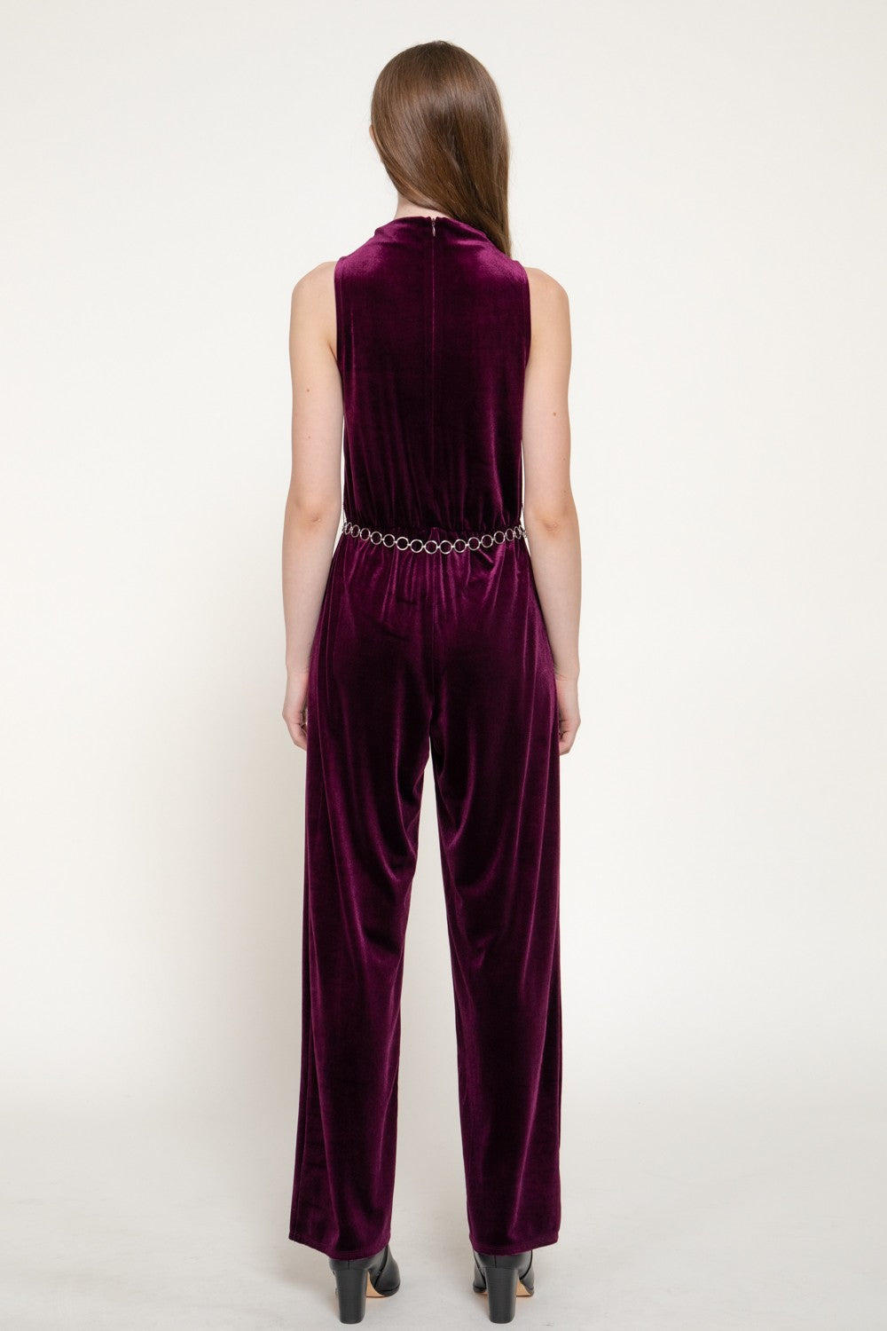 Sleeveless High Neck Chain Belted Velvet Jumpsuit