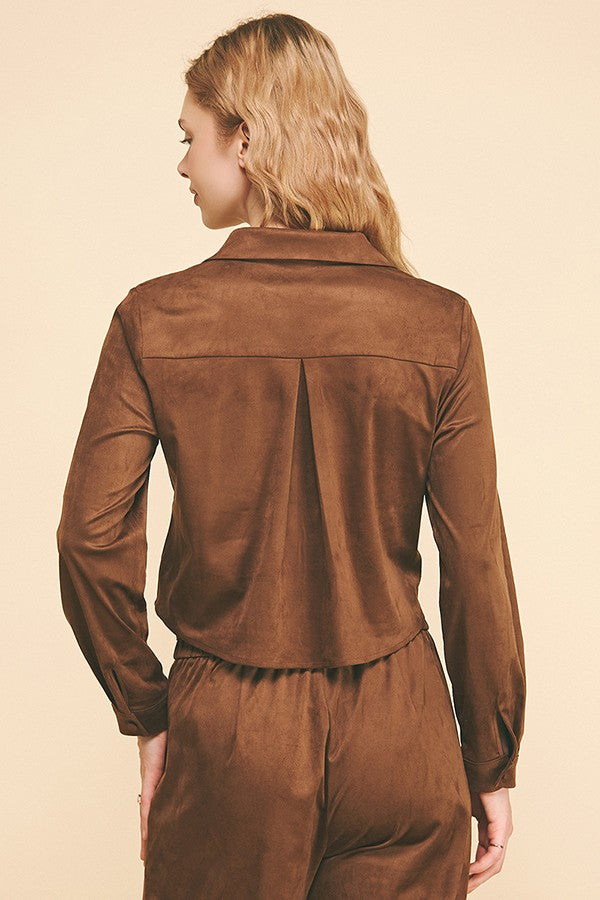 Faux Suede Tapered Cropped Open Collar Dress Shirt Blouse