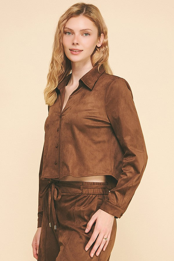 Faux Suede Tapered Cropped Open Collar Dress Shirt Blouse