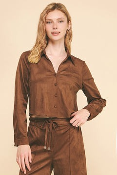 Faux Suede Tapered Cropped Open Collar Dress Shirt Blouse
