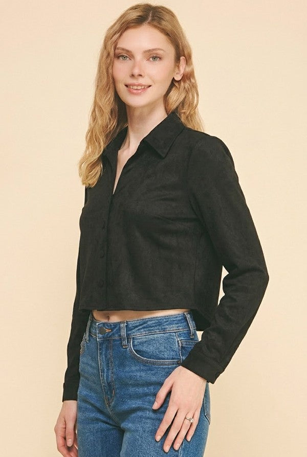 Faux Suede Tapered Cropped Open Collar Dress Shirt Blouse