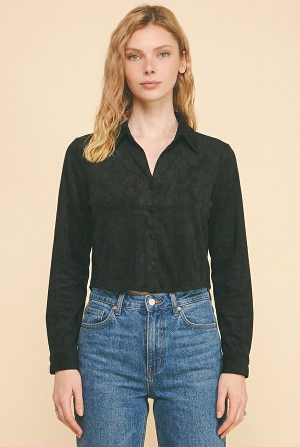 Faux Suede Tapered Cropped Open Collar Dress Shirt Blouse